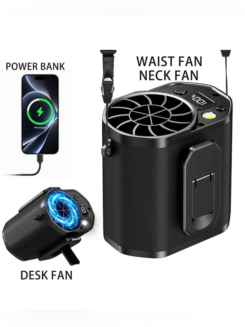 Portable Black Waist & Neck Fan with Power Bank